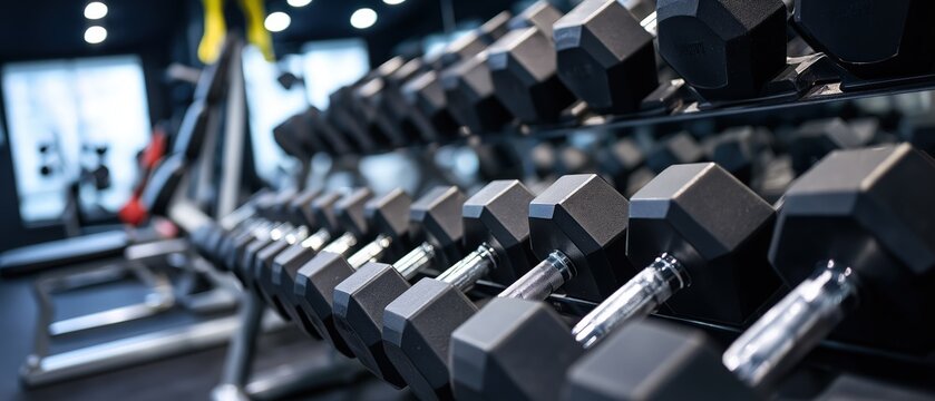 A close-up view of a rack filled with hexagonal dumbbells in a modern gym setting, showcasing a focus on fitness and strength training.