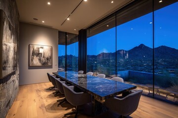 Obraz premium Modern Dining Room With City And Mountain Views At Night