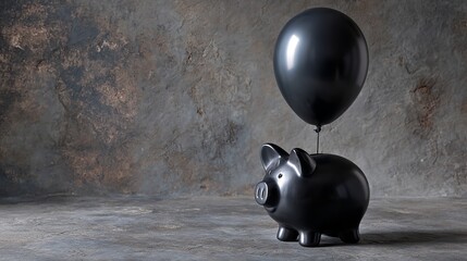 Ominous black piggy bank with matching balloon against textured backdrop warns of financial risk and economic downturn with sophistication