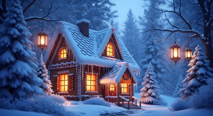 Cozy cabin in a winter wonderland with glowing lights and snow covered trees