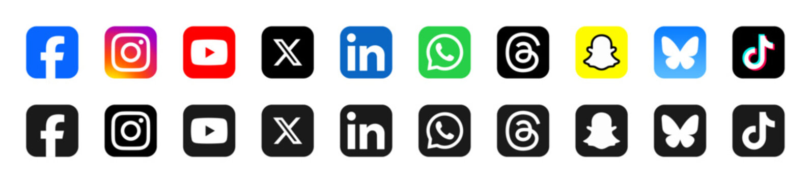Social media icons set 2026. Social network logos.  Instagram , Facebook , WhatsApp , X , YouTube , LinkedIn , SnapChat , Threads , BlueSky & TikTok. Vector buttons