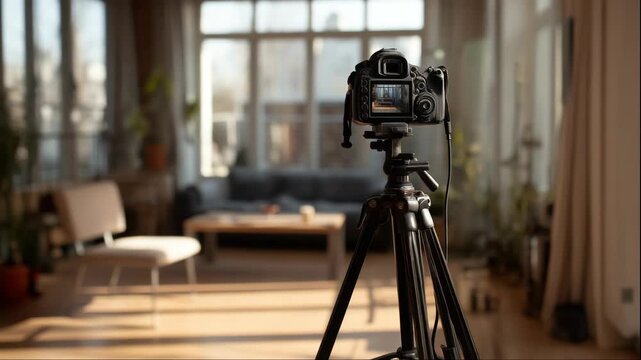 Camera on tripod in a sunlit living room with a comfortable sofa and coffee table