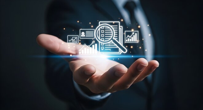 Businessman presenting data analysis and insights with holographic icons floating above his open hand, emphasizing business intelligence.