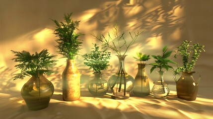 Array of glass vases hold various green plants, basking in warm light with dynamic shadows