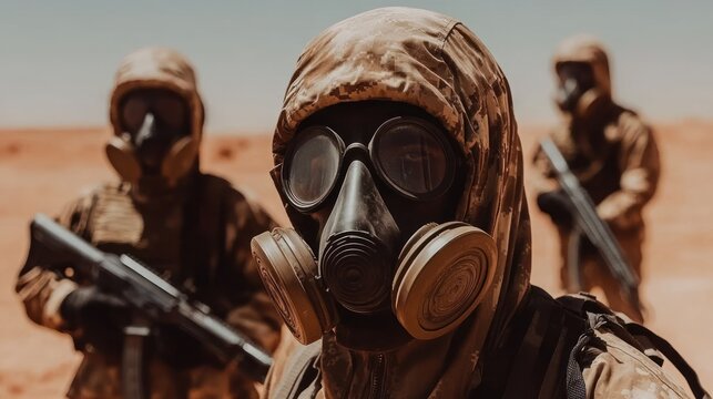 Soldiers in protective gear in a desert