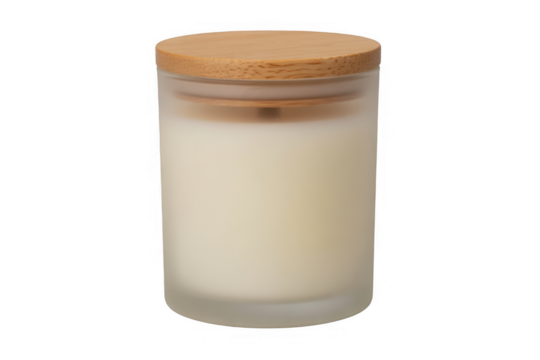 Frosted glass candle with wooden lid isolated on a transparent background