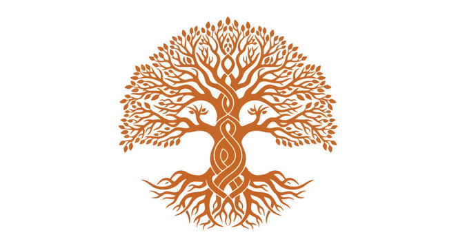 Detailed illustration of a tree with intricate roots, branches, and a symmetrical design, evoking growth