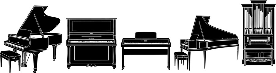 A collection of various keyboard musical instruments including grand pianos, an upright piano, a digital piano, and a pipe organ.