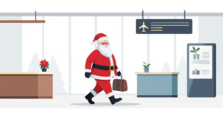 Santa Claus at the Airport Vector Illustration of Holiday Travel
