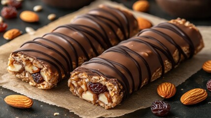 Two chocolate-covered granola bars, with almonds and raisins, on parchment paper