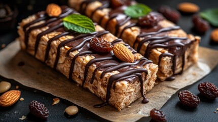 Two chocolate-covered granola bars, topped with almonds and raisins, on parchment paper