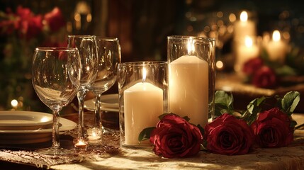 Romantic candlelit dinner setting with red roses and wine glasses for elegant celebrations and intimate gatherings creating warm ambiance