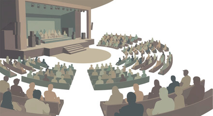 Vibrant vector illustration of a diverse audience attending a professional conference or educational seminar, seated in an organized venue with a speaker on a prominent stage