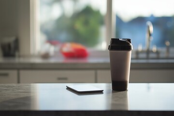 A sleek coffee cup and smartphone rest on a modern kitchen counter, bathed in natural light, hinting at a relaxed morning routine.