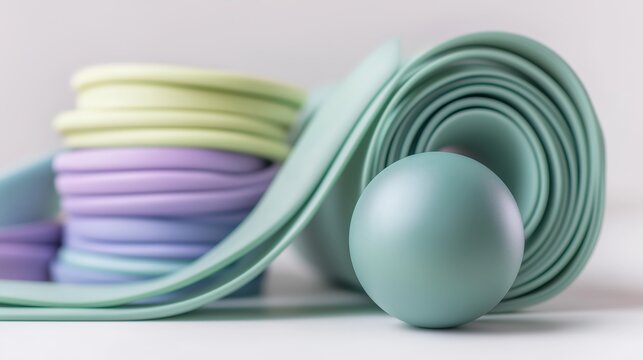 A collection of colorful exercise equipment, including a rolled mat and circular weights, emphasizing fitness and wellness.