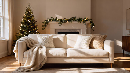 Fototapeta premium Modern Neutral Living Room with Subtle Christmas Touches” 