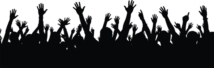 Crowd silhouette cheering with raised hands at event, energetic audience celebration, festival party atmosphere, unity and excitement in black and white illustration