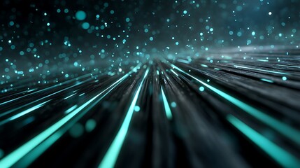 A digital landscape featuring glowing blue and green lines and particles against a dark background, with a futuristic, high-tech feel.
