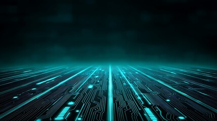 A glowing, intricate circuit board with blue and green lights, set against a dark background.
