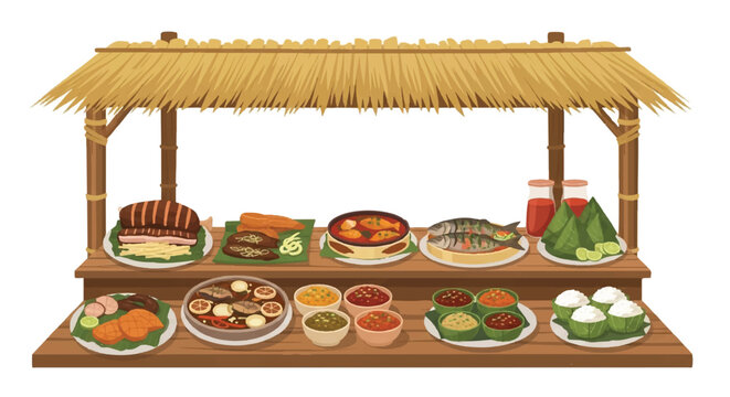 Illustration of a rustic food stall with various dishes and drinks under a thatched roof against a plain white background.
