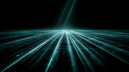 A digital landscape with glowing green lines and a black background, representing advanced technology and data processing.