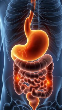 3D x-ray illustration of human stomach anatomy with glowing digestive system. Stomach disease, digestion and health concept