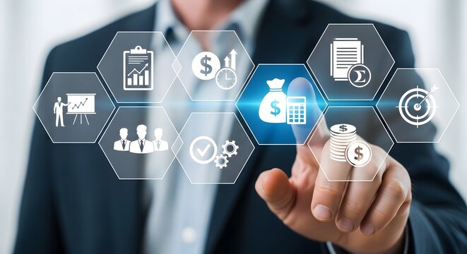 Businessman touching a digital interface with financial icons, representing business management, accounting, and strategic planning.