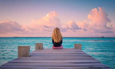 Fototapeta premium Young woman with blonde curls on weathered pier overlooking Caribbean sea at golden hour, lone traveler in pink fluffy sweater contemplating ocean horizon, peaceful solitude and vacation escape theme