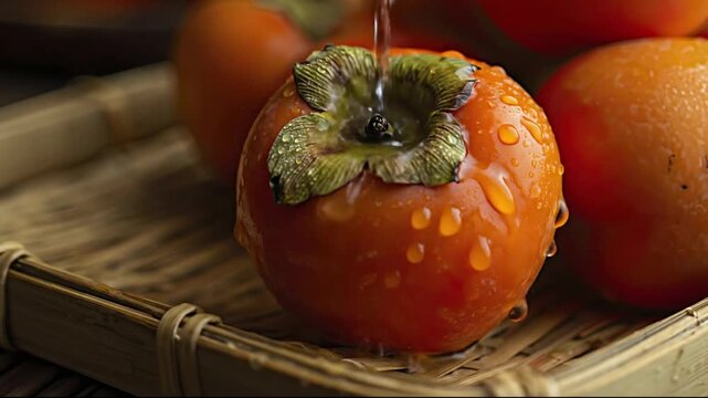 A close-up of a vibrant orange persimmon being washed with water in a woven bamboo basket