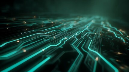A detailed view of a complex circuit board with glowing blue lines, set against a dark background.