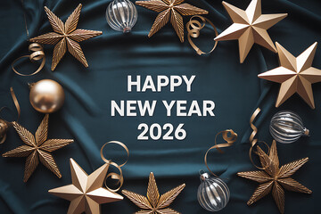 festive 2026 celebration with velvet backdrop, gold stars, and silver streamers
