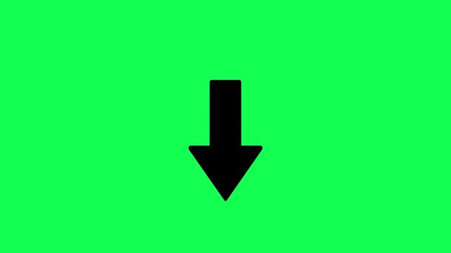 simple vertical arrow pointing south isolated on green. downward direction symbol for chroma key video editing. black arrow pointing down on green screen background.
