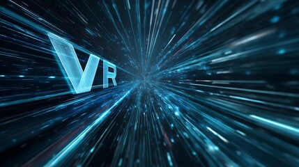 A futuristic, immersive VR environment with a glowing, futuristic logo in the center, surrounded by a vibrant, starry space background.