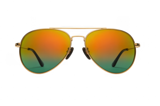 Gold aviator sunglasses with mirrored lenses isolated on a transparent background