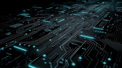A detailed, intricate circuit board with glowing blue lines and intricate designs, set against a dark background.