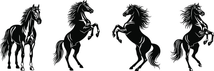 Rearing horse silhouettes illustration, powerful stallion vector art, wild horses graphic design, elegant equine pose, black horse artwork