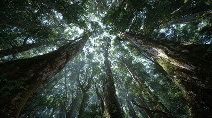 Stunning canopy view of majestic trees reaching for the sky in lush green forest offering serenity and escape into nature's beauty