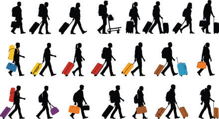 Travelers walking with luggage silhouettes, airport passengers illustration, tourism journey concept, people with suitcases and backpacks design