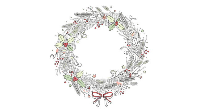 Elegant hand-drawn Christmas wreath with festive holly, red berries, and a bow. A delicate botanical illustration for winter holiday decoration