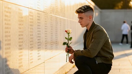 Young man kneeling at a memorial wall holding a white rose during sunset. Sad male mourning a loss and paying respects to names engraved on a stone monument. Remembrance concept