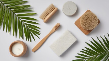 A serene and calming spa set featuring bamboo and palm leaves, a wooden toothbrush, and a white sponge, all set against a white background with a subtle palm leaf pattern.