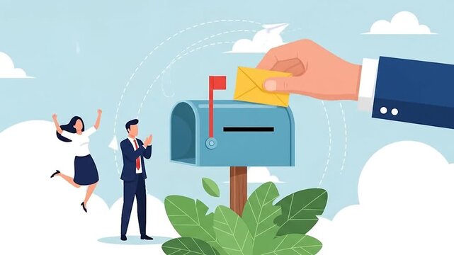 Excited business professionals celebrate successful mail delivery, hand places important envelope into blue mailbox, symbolizing timely communication, positive news