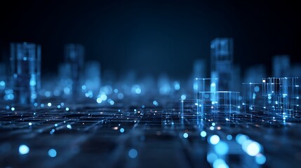 A futuristic cityscape illuminated with blue lights, featuring a complex network of glass and metal structures, with a blurred background of other buildings.