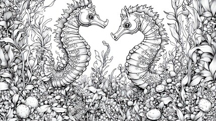 Obraz premium Two seahorses in underwater garden, artistic illustration, coloring book