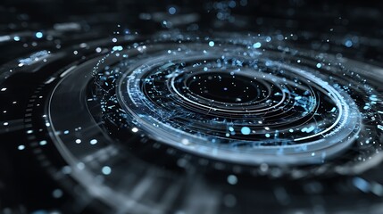 A complex, abstract digital interface with swirling, glowing circles and a dark, metallic background.