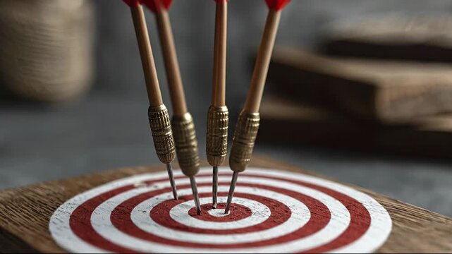 A close-up of four red-flighted darts clustered in the bullseye of a red and white target painted on a wooden block