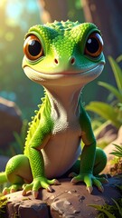 Cute green cartoon lizard with big eyes sitting on a rock in a sunny forest