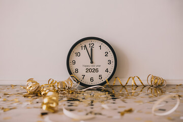 new year's eve 2026 midnight countdown featuring clock and festive streamers