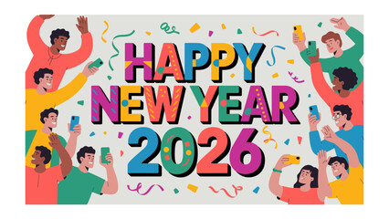 Naklejka premium Celebratory New Year 2026: An illustrated gathering of individuals is cheerfully celebrating New Year 2026, using their smartphones to capture the festive moment. 