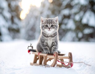 Cute grey tabby kitten sitting on a small wooden sled in snow, facing forward